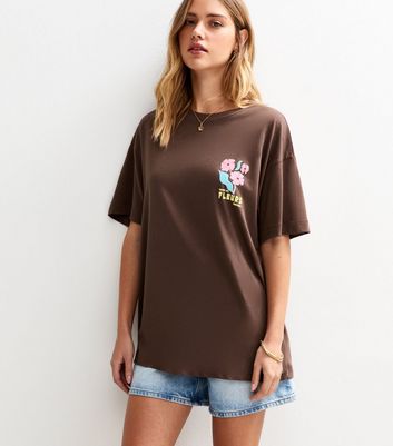 Brown Fleurs Prints Oversized T-Shirt