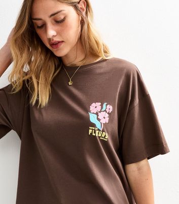 Brown Fleurs Prints Oversized T-Shirt