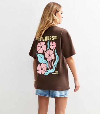 Brown Fleurs Prints Oversized T-Shirt