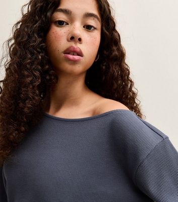 Girls Blue Waffle Off Shoulder Sweatshirt