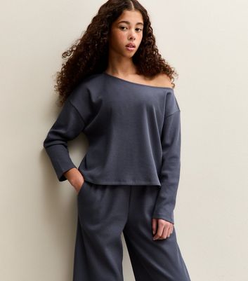 Girls Blue Waffle Off Shoulder Sweatshirt