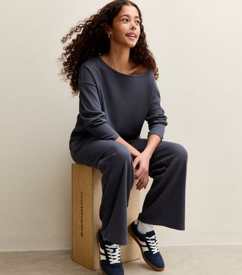 Girls Blue Waffle Off Shoulder Sweatshirt 3 Girls Blue Waffle Off Shoulder Sweatshirt