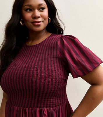 Curves Red Striped Puff Sleeve Midi Dress