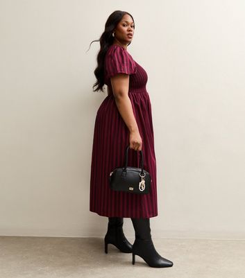 Curves Red Striped Puff Sleeve Midi Dress