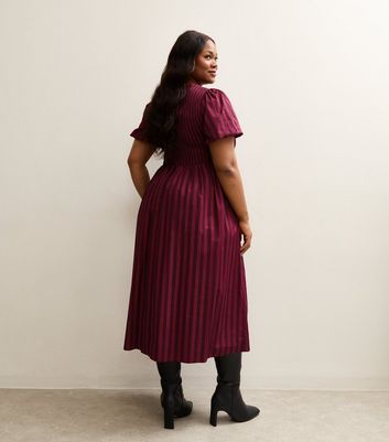 Curves Red Striped Puff Sleeve Midi Dress