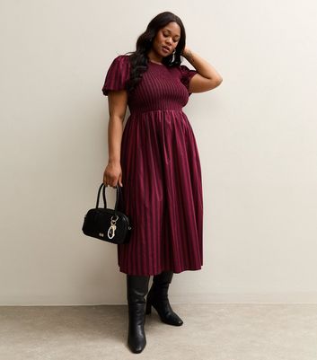 Curves Red Striped Puff Sleeve Midi Dress
