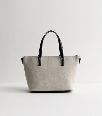 Black Faux Leather and Canvas Mini Tote Bag 4 Black Faux Leather and Canvas Mini Tote Bag