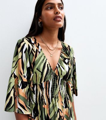 Blue Vanilla Khaki Elastic Shirred Printed Dress