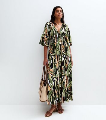 Blue Vanilla Khaki Elastic Shirred Printed Dress 3 Blue Vanilla Khaki Elastic Shirred Printed Dress