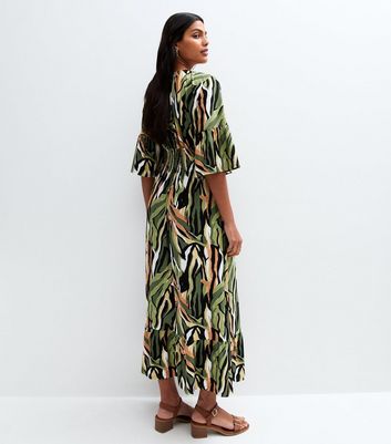 Blue Vanilla Khaki Elastic Shirred Printed Dress 4 Blue Vanilla Khaki Elastic Shirred Printed Dress