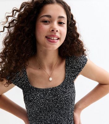 Girls Black Floral Print Shirred Mini Dress