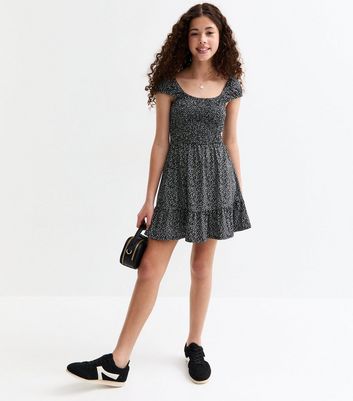 Girls Black Floral Print Shirred Mini Dress 3 Girls Black Floral Print Shirred Mini Dress