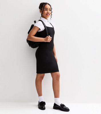 Girls Black Square Neck School Pinafore Dress