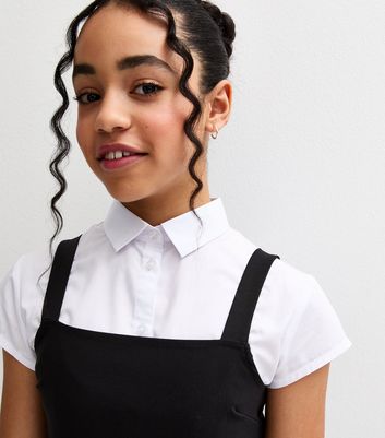 Girls Black Square Neck School Pinafore Dress