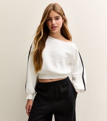 Girls Cream Off Shoulder Side Stripe Sweatshirt