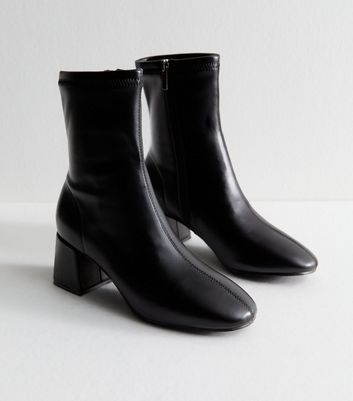 Black Faux Leather Block Heel Ankle Boots