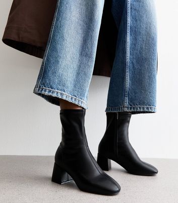 Black Faux Leather Block Heel Ankle Boots