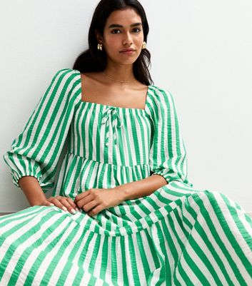 Green Stripe Print Tiered Hem Midi Dress