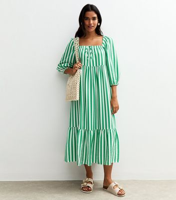 Green Stripe Print Tiered Hem Midi Dress