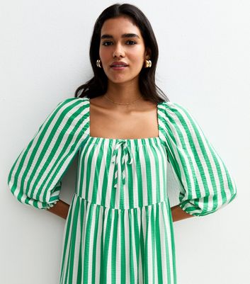 Green Stripe Print Tiered Hem Midi Dress