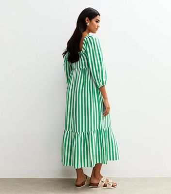 Green Stripe Print Tiered Hem Midi Dress