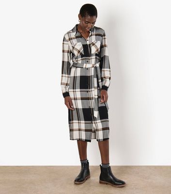 Apricot Black Check Midi Shirt Dress