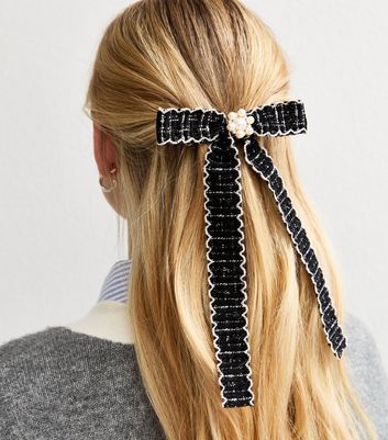 Black Boucle Knit Faux Pearl Bow Barette Hair Clip