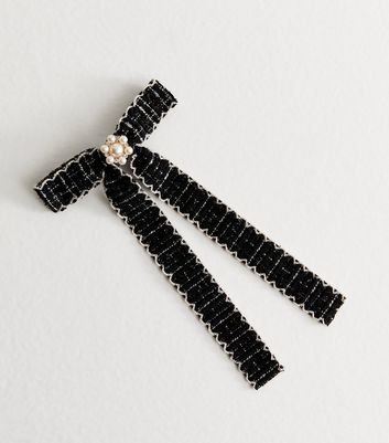Black Boucle Knit Faux Pearl Bow Barette Hair Clip