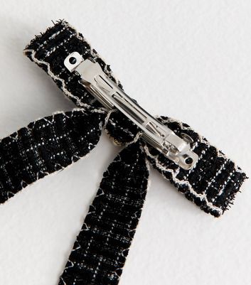 Black Boucle Knit Faux Pearl Bow Barette Hair Clip