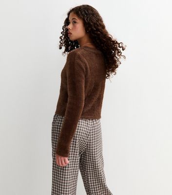 Girls Brown Fluffy Crew Neck Cardigan 4 Girls Brown Fluffy Crew Neck Cardigan