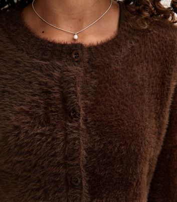 Girls Brown Fluffy Crew Neck Cardigan 5 Girls Brown Fluffy Crew Neck Cardigan