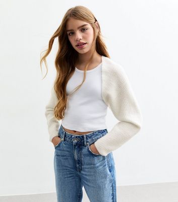 Girls Off White Ribbed Knit Shrug