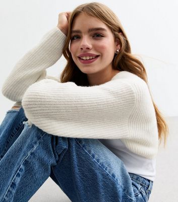 Girls Off White Ribbed Knit Shrug