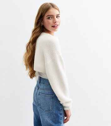 Girls Off White Ribbed Knit Shrug