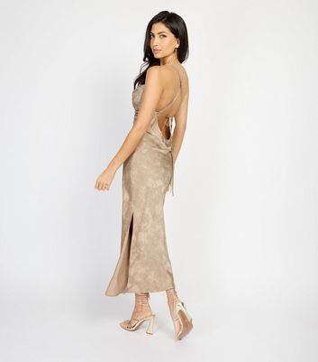 Little Mistress by Chloe Lewis Brown Crinkled Satin Low Back Midi Dress