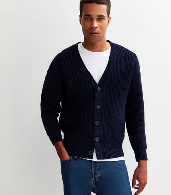 Dark Blue Relaxed Fit Long Sleeve Fisherman Knit Cardigan