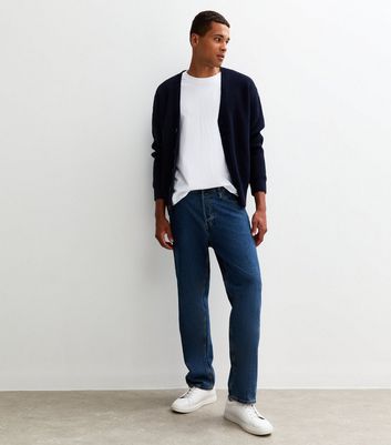 Dark Blue Relaxed Fit Long Sleeve Fisherman Knit Cardigan