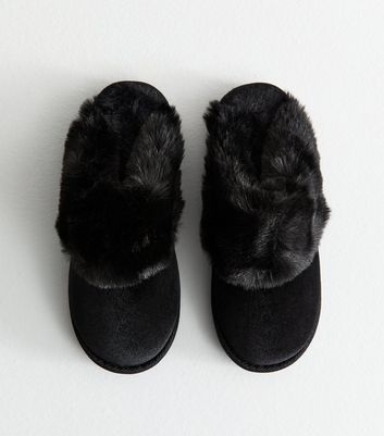 Black Faux Fur Trimmed Velvet Slippers