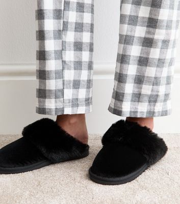 Black Faux Fur Trimmed Velvet Slippers