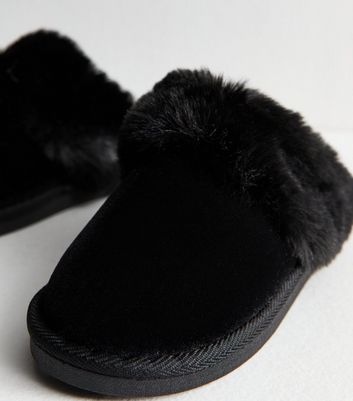 Black Faux Fur Trimmed Velvet Slippers