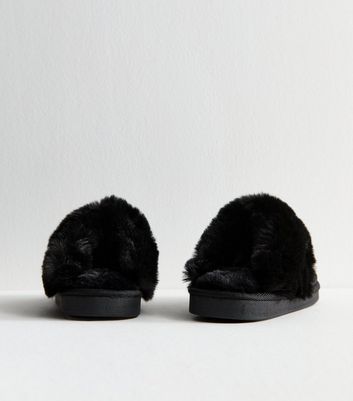 Black Faux Fur Trimmed Velvet Slippers