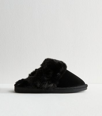 Black Faux Fur Trimmed Velvet Slippers