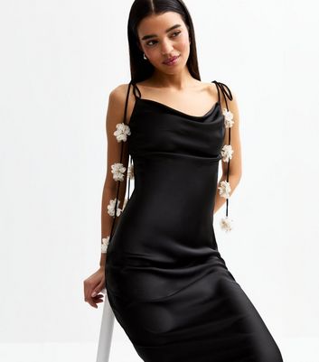 Black Satin Corsage Applique Satin Midi Occasion Dress