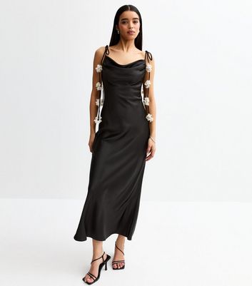 Black Satin Corsage Applique Satin Midi Occasion Dress
