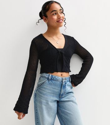 Girls Black Open Knit Flared Sleeve Cardigan