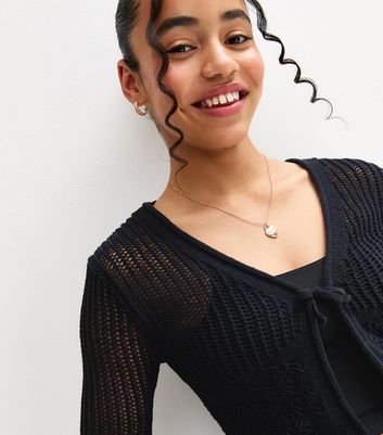 Girls Black Open Knit Flared Sleeve Cardigan