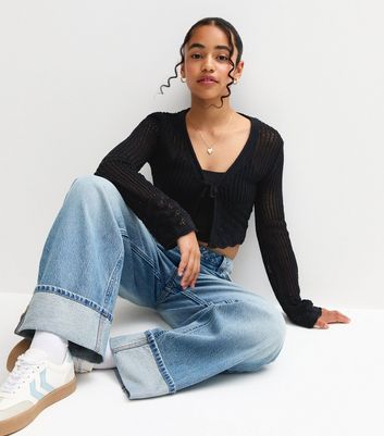 Girls Black Open Knit Flared Sleeve Cardigan 3 Girls Black Open Knit Flared Sleeve Cardigan