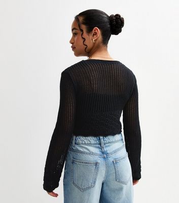 Girls Black Open Knit Flared Sleeve Cardigan 4 Girls Black Open Knit Flared Sleeve Cardigan