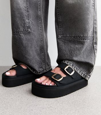 Black Faux Leather Flatform Sandals