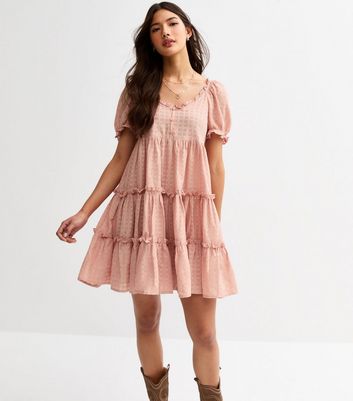 Pink Textured Tiered Mini Smock Dress
